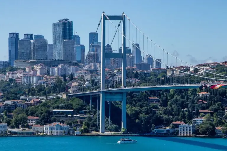 Bosporusbrug met de skyline van Istanbul op een heldere dag